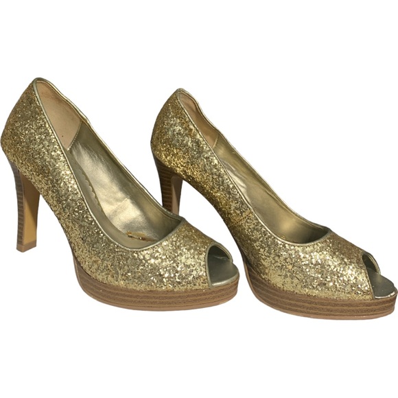 FIONI Gold Sparkle Open Toe Stiletto Heel Size 7 - Picture 3 of 8